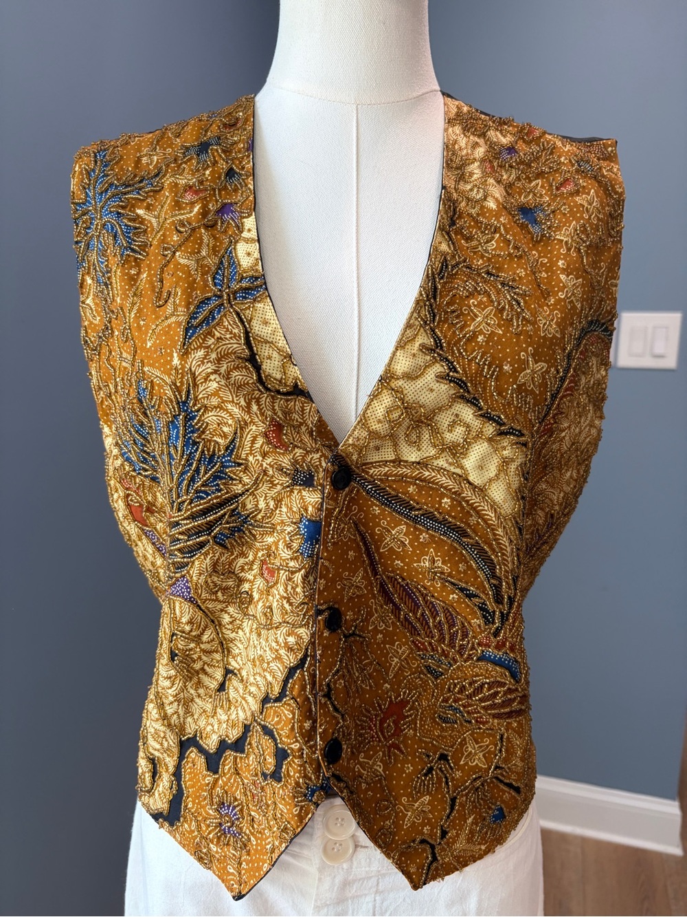 Vintage Kenar Beaded Batik Vest Brown Gold Boho Art-to-Wear Size M